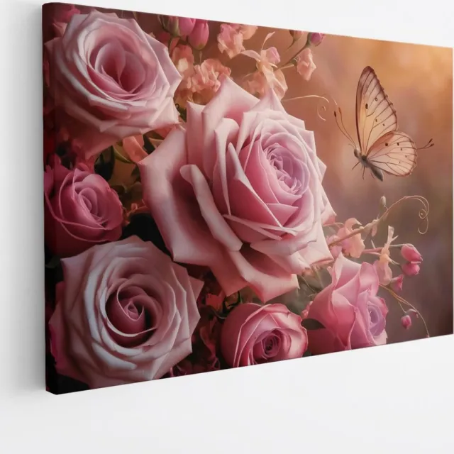 Saammp Canvas Schilderij - Romantische Bloemen - Rozen en Vlinder - 70x50 - Foto op canvas - Wanddecoratie - Muurdecoratie Woonkamer - Kantoor Decoratie Multicolor