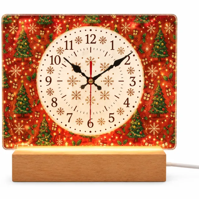 SWGOTA Verlichte kersttafelklok met analoge cijferwijzerplaat, rood kerstmotief en voet