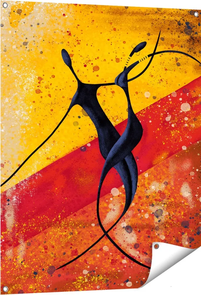 Gards Tuinposter Abstracte Kunst - Dansend Afrikaans Paar - 80x100 cm - Tuindoek - Tuindecoratie - Wanddecoratie buiten - Tuinschilderij Multikleur