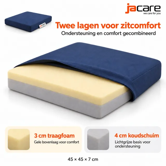 Jacare Zitkussen 45×45×7 cm – Voor Rolstoel en Stoel – Wasbare Hoes – Blauw - 4 cm Koudschuim + 3 cm Traagschuim