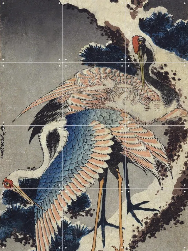 IXXI Two Cranes on a snowy Pine Branch, Katsushika Hokusai & British Museum - 60 x 80 cm - Grote wanddecoratie en posters - Illustraties, Klassiek Koele tinten