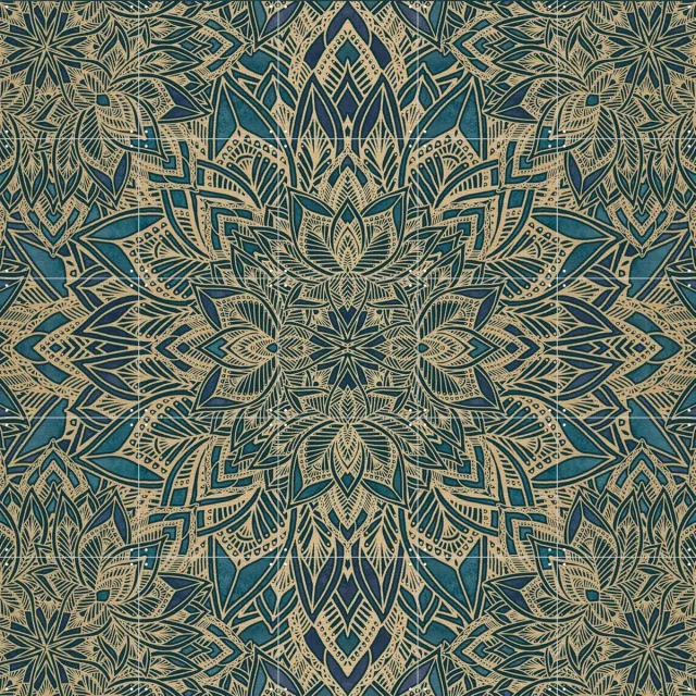 IXXI Art Deco Mandala Teal Gold, Bloomery Decor - 100 x 100 cm - Grote wanddecoratie en posters - Geometrische Kunst, Line art, Decoratieve kunsten Beige / Goud / Blauw