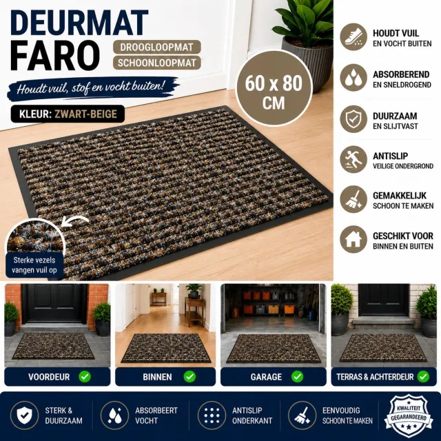 Wicotex Deurmat - Schoonloopmat Faro - Afmeting 60x80cm - Kleur Zwart - Beige