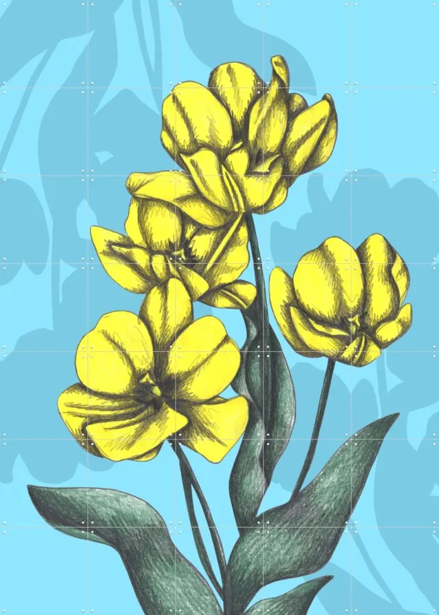 IXXI Yellow Tulips, Cecilia Battaini - 100 x 140 cm - Grote wanddecoratie en posters - Grafisch Ontwerp, Digitale Kunst, Illustraties, Slaapkamer Geel / Blauw