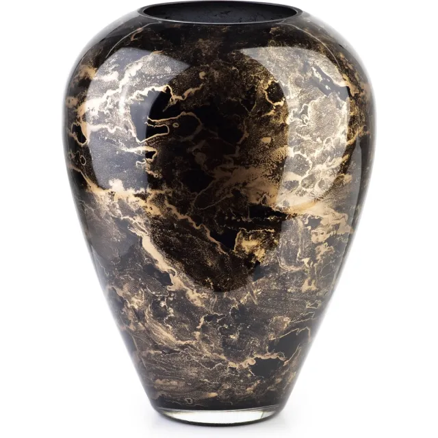 Terroso Handgemaakte Glazen Vaas - Bloemenvaas - Zwart met Goud - Marmer Look - Interieur Woondecoratie - 27 cm Hoog