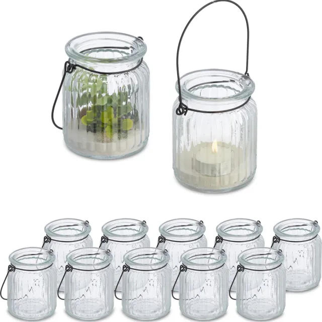 Relaxdays windlicht - set van 12 - glas - met hengsel - binnen - buiten - 9,5 x 8 cm transparant