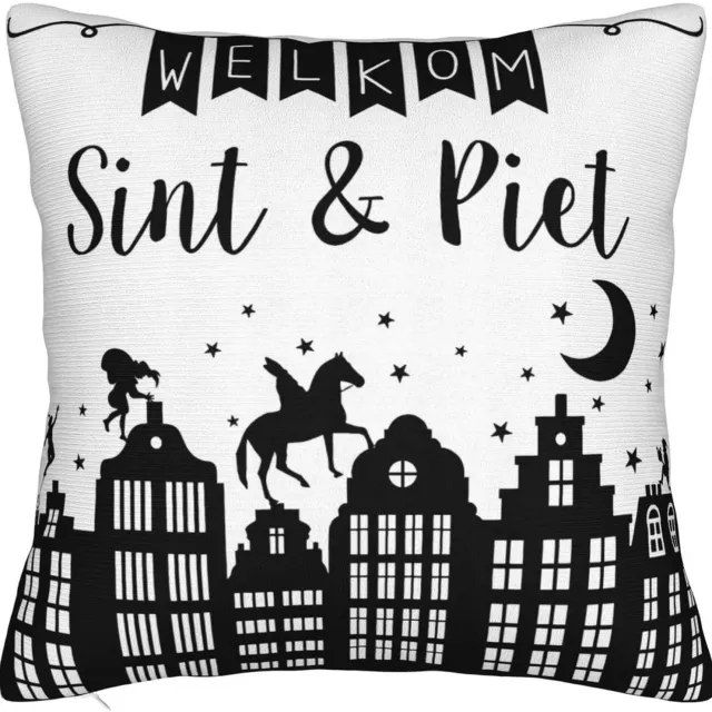 FraaiGaaf Sinterklaas en Piet kussenhoes | Sinterklaas decoratie - Sint & Piet versiering - Kussensloop met Welkom Sint en Piet - maat 40x40 cm Zwart