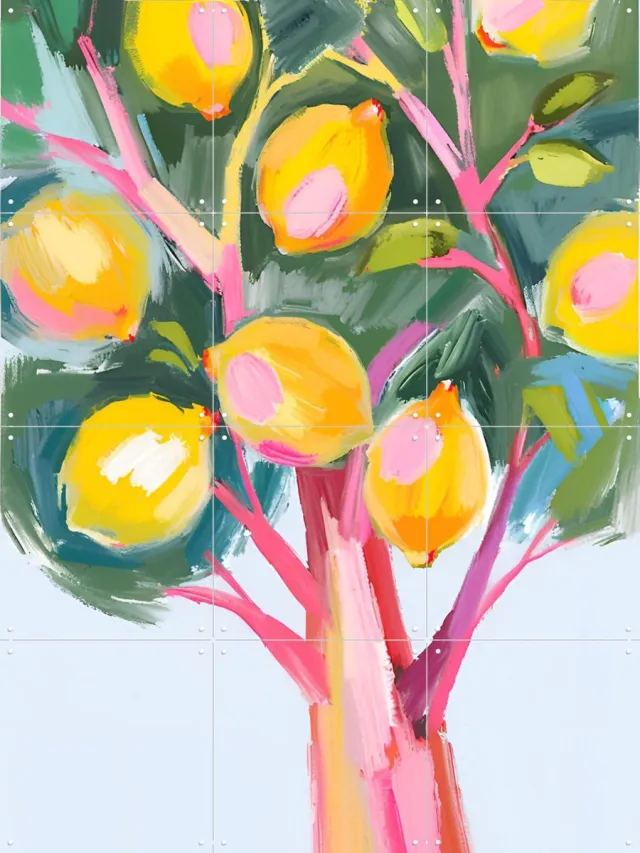 IXXI Vibrant Lemon Tree, Ohkimiko & Various - 60 x 80 cm - Grote wanddecoratie en posters - Kleurrijk, Kwaststreken, Speels, Olieverf, Keuken Geel
