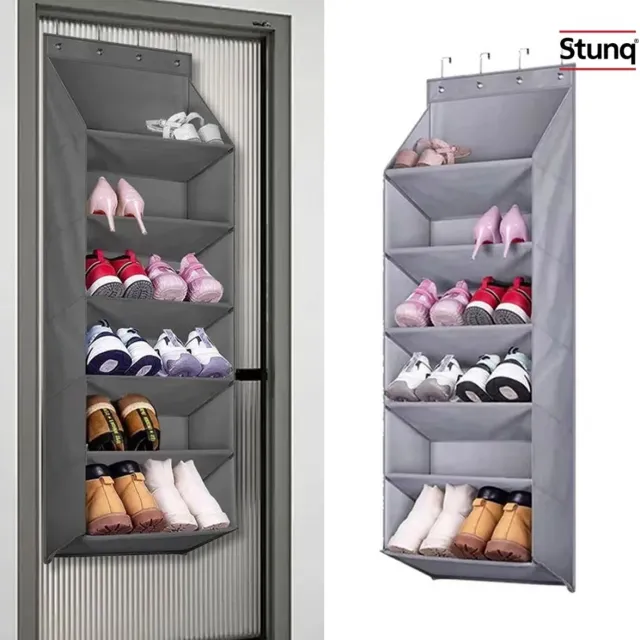 Stunq Grijze Over-de-Deur Schoenenorganizer - 6 Vakken - Hangende Ophangbare Schoenenrek voor Deur of Kast Grijs