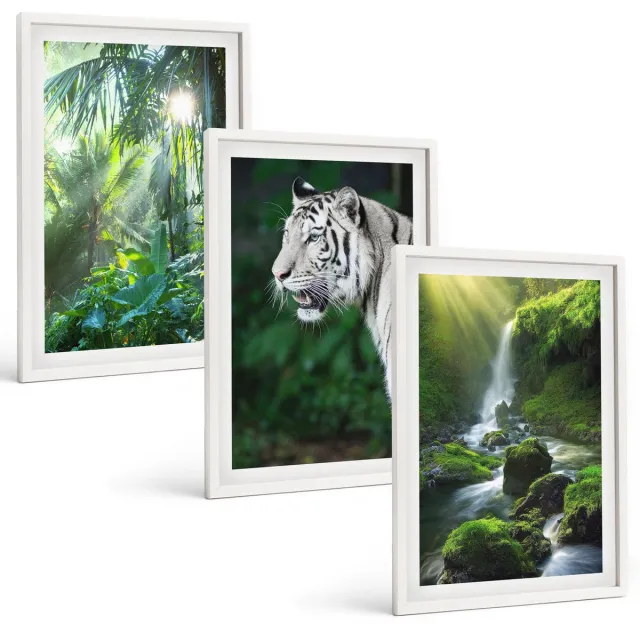 Coloray 3-Delige Schilderij Set - Jungle Met Een Witte Tijger En Een Wilde Waterval - 40 x 60 - Muurdecoratie - Interieur Decoratie - Woonkamer Decoratie Witte lijst