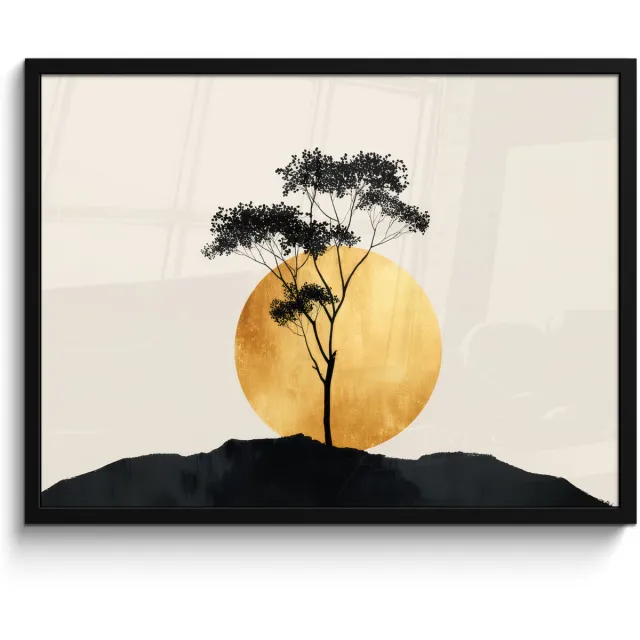 FrameYourWall Poster in lijst - Fotolijst 80x60 cm - Posters - Zwarte boom - Gouden cirkel - Heuvel - Posterlijst zwart - Decoratie - Wanddecoratie woonkamer - Muurdecoratie slaapkamer Boom - Cirkel - Heuvel