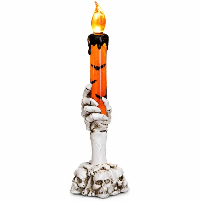 SWGOTA Halloween-decoratie met led kaarsen - grote oranje kaarslamp met skelethand en schedelvoet