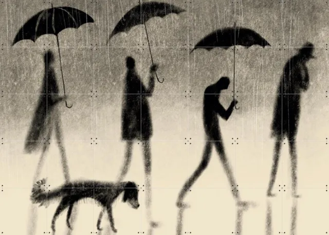 IXXI Loving Rain, Jeska Verstegen - 140 x 100 cm - Grote wanddecoratie en posters - Illustraties, Slaapkamer, Woonkamer, Gang, Winter, Silhouetten Monochroom / Zwart en wit / Zwart