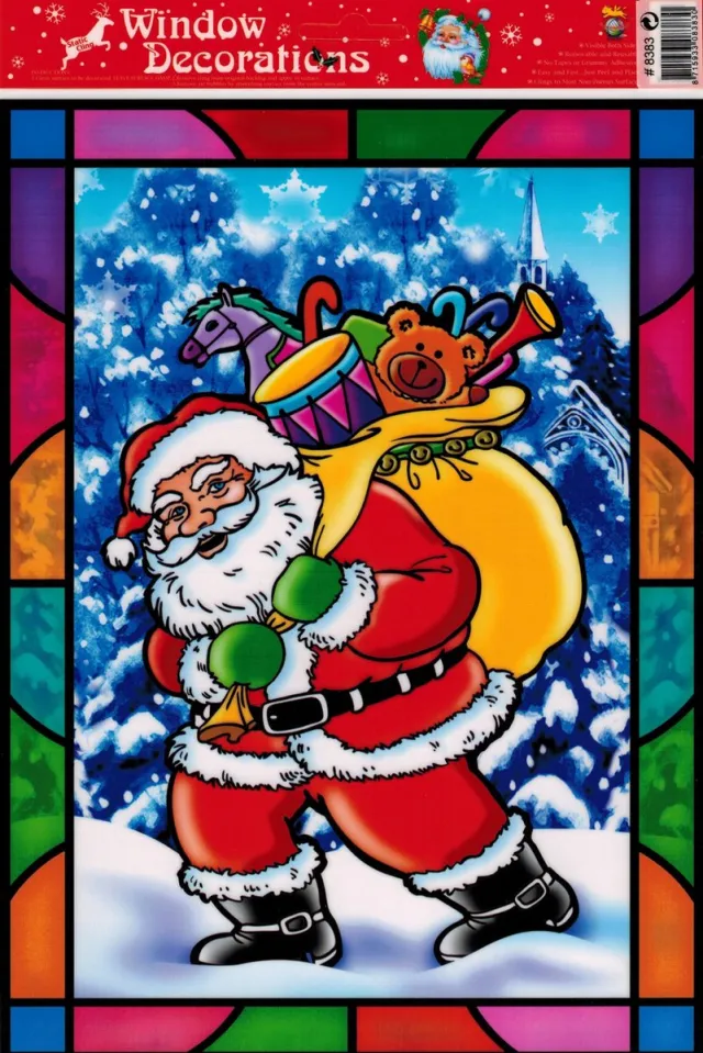 KadoDroom.nl Raamsticker Kerst - Kerstman Zak - 20x27 cm Blauw, Rood, Groen, Geel