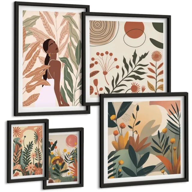Coloray 5-Delige Schilderij Set - Boho-Stijl Met Figuren En Plantmotieven - 50 x 50 cm, 20 x 30 cm En 40 x 60 cm - Moderne Wanddecoratie - Slaapkamer zwarte lijst