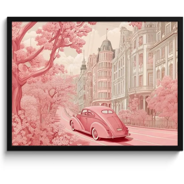 FrameYourWall Poster in lijst - Fotolijst 70x50 cm - Posters - City - Car - Pink - Posterlijst zwart - Decoratie - Wanddecoratie woonkamer - Muurdecoratie slaapkamer Auto - Stad