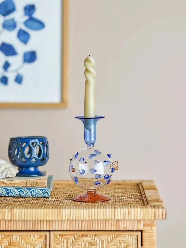 Bloomingville Kandelaar glas blauw Phila 11cm amber