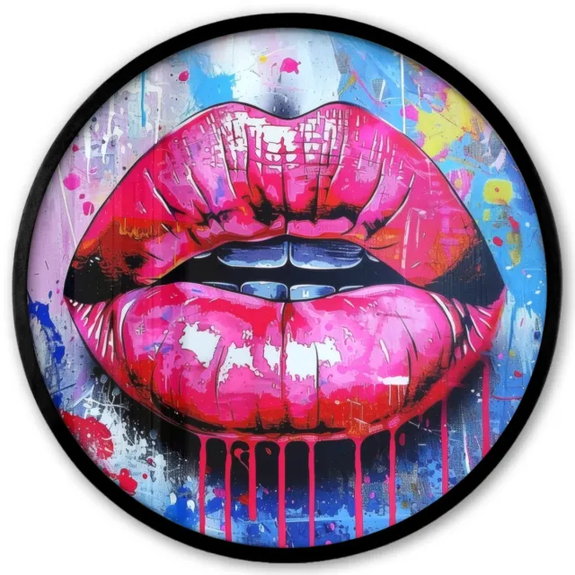 FrameYourWall Poster in lijst Rond - Fotolijst 40x40 cm - Posters - Graffiti - Lippen - Felroze - Geschilderd - Ronde posterlijst zwart - Decoratie - Wanddecoratie woonkamer - Muurdecoratie slaapkamer Lippen - Verf