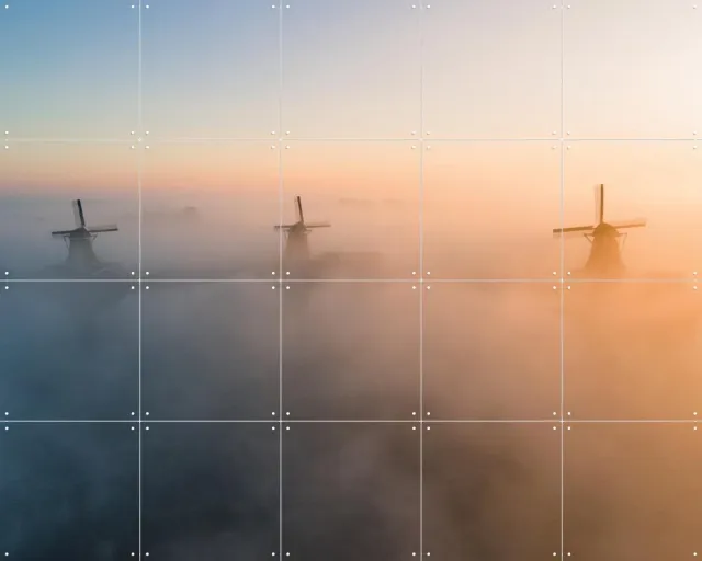 IXXI Zaanse Schans, Teun de Leede & Kunst in Kaart - 100 x 80 cm - Grote wanddecoratie en posters - Fotografie, Woonkamer, Slaapkamer, Windmolens Grijs / Warme kleuren