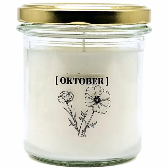 Candlelight-on geurkaars met geboortebloem en geboortedatum - 15 oktober - o.b.v. sojawas en etherische oliën Wit