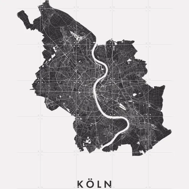 IXXI Köln City Map, Kunst in Kaart - 100 x 140 cm - Grote wanddecoratie en posters - Minimalisme, Grafisch Ontwerp, Geometrische Kunst, Technische Monochroom / Zwart / Zwart en wit