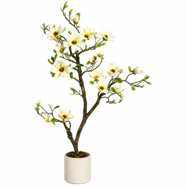 Lamor Kunst Magnolia - Kunstplant in pot - Kunstplanten voor binnen - Plant - Planten - Nepplant - Bloesemboom - 120 cm Wit, groen, bruin