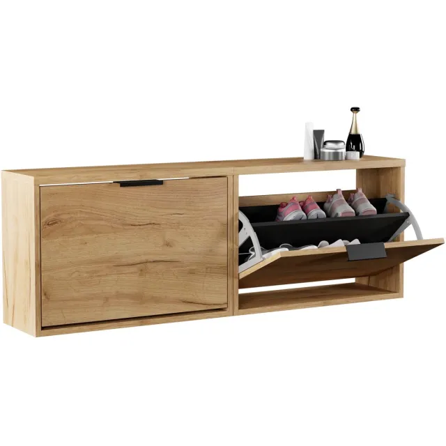 Planetmöbel STIVIO - Schoenenkast 60 cm - Goud eiken - Set van 2 met elk 1 klep - Slechts 23 cm diep 1 klep. Goud eiken
