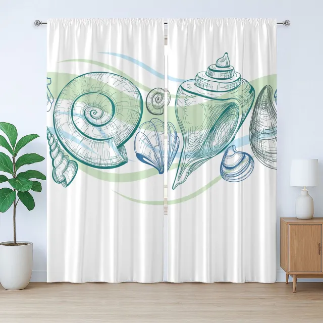 ABAKUHAUS Schetsmatig rustiek gordijn, pastelkleuren, zeedieren, met lussen en haken voor de woonkamer, 280 x 260 cm, witgroen
