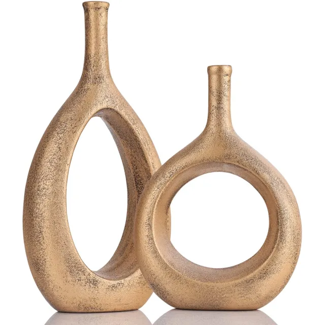 Imperatoris Keramische Vaas Set – Decoratieve Vazen voor Interieur en Woondecoratie – 2 stuks Gold