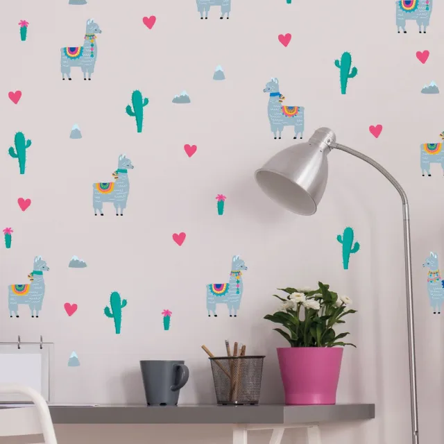 Ambiance Sticker Muurstickers - Verliefde Lama's en Woestijncactus - zelfklevende achtergrond met transparante achtergrond - 90x90cm multi color