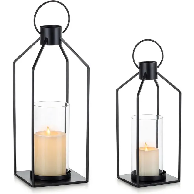 Nuptio Zwarte lantaarn, decoratieset, 35,5 cm en 29,5 cm: metalen lantaarns, kaarsenhouder, lantaarn voor stompkaarsen, hangende geglazuurde kandelaar, kaarsenlantaarn, groot, woonkamer, bruiloft, festival