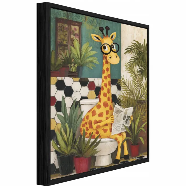 WALLARENA Schilderij op canvas in zwarte lijst - 40x30 cm - grappige giraf op toilet - badkamer wanddecoratie en toilet decoratie Veelkleurig