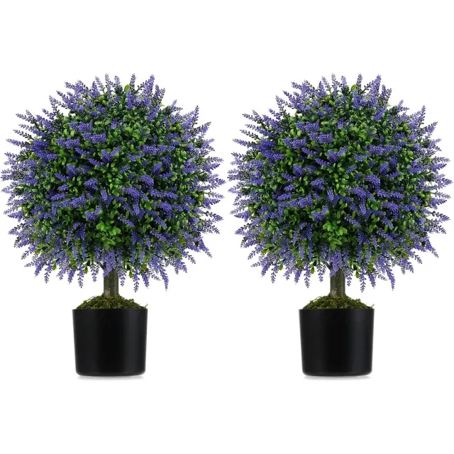 KOMFOTTEU Set van 2 kunstblauweregenballen, kunstpotplanten met levendige blauweregen en realistisch mos, decoratieve planten voor ingang, woonkamer, balkon Groen & Paars