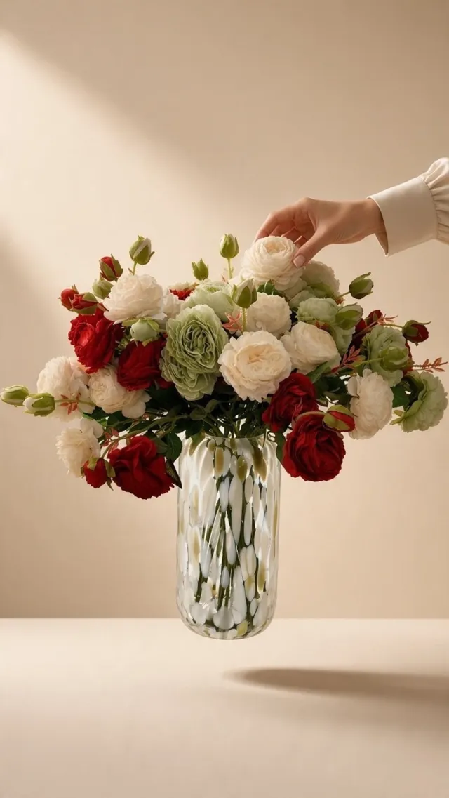 Flova Silk premium Luxe Zijden bloemen , Bloemenboeket met Glazen designer Vaas - Rode & Crème en licht groene Kunstbloemen - Wedding Decoratie - Tafelboeket Woondecoratie Rood , creme , wit en groen