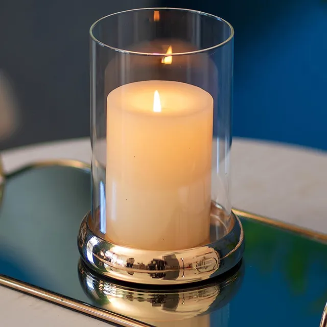 Famanu Helder glazen kaarshouder in cilindervorm met metalen dienblad, decoratief voor schouw en eettafel, goudkleurig