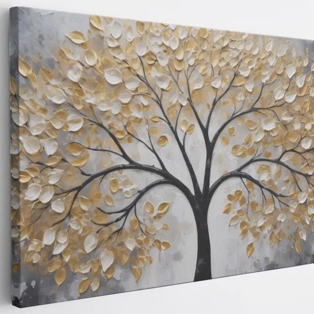 Saammp Canvas Schilderij - Winterboom met goud - Abstract - 90x60 - Foto op canvas - Wanddecoratie - Muurdecoratie Woonkamer - Slaapkamer decoratie - Canvas Print Multicolor