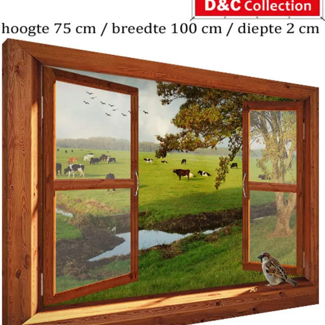 D&C Collection Tuinposter doorkijk bruin venster voor buiten - 75x100x2 cm - tuindoek op houten frame - bruin venster - koeien - weiland - mus - tuindecoratie - buiten - tuinschilderij bruin, groen, lichtblauw