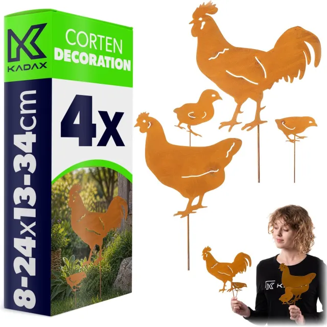 KADAX tuindecoratie kippenfamilie van cortenstaal, 4-delige set met hanen, een haan en 2 kuikens, metalen tuindecoratie in roestlook, decoratie van patina voor in de tuin Roestkleur