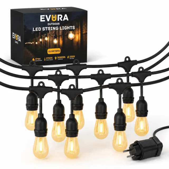 Evura Goods lichtsnoer - 15 meter - 23 LED lampen - warm wit - waterdicht - verlengbaar