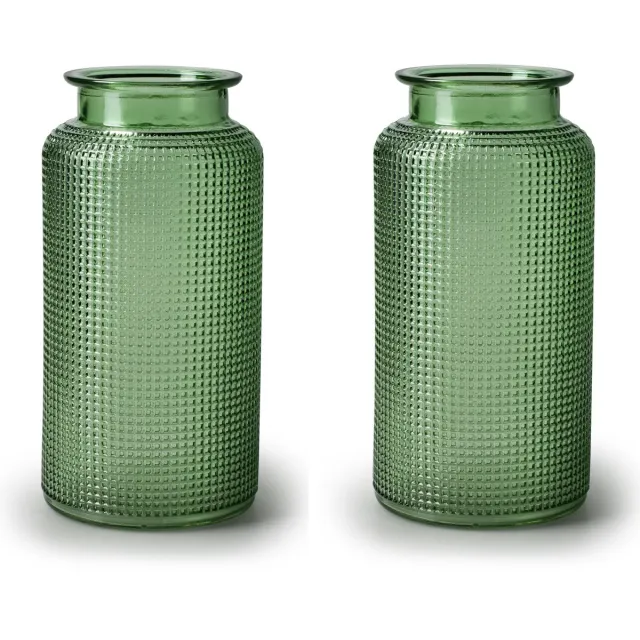 Jodeco Bloemenvazen - 2x stuks - groen/transparant geribbeld glas - H26 x D13 cm