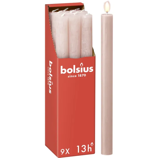 Bolsius Rustieke Dinerkaarsen - Roze - 9 stuks - 13 branduren - 27 cm