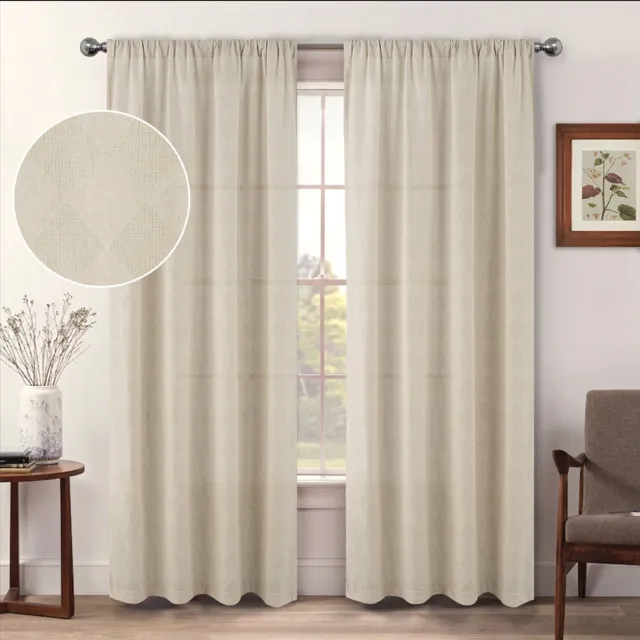 Floraweg Gaas jacquard geruite gordijnen, Boho linnen gaasgordijnen die licht filteren voor deurramen, voor woonkamer interieur, beige, 135 x 220 cm