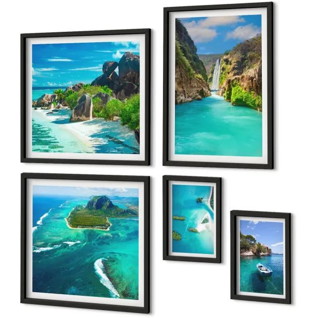 Coloray 5-Delige Schilderij Set - Tropische Landschappen Met Watervallen En Paradijselijke Stranden - 50 x 50 cm, 20 x 30 cm En 40 x 60 cm - Wanddecoratie - Schilderijen Set - Interieur - Stijlvolle Muurdecoratie Zwarte lijst