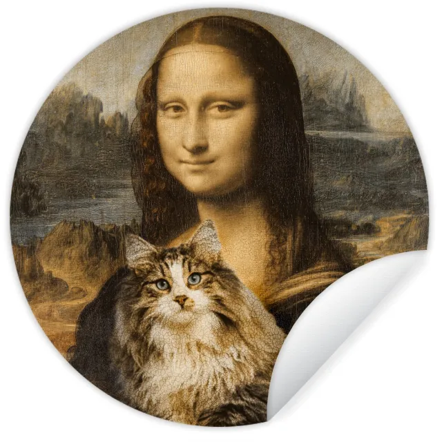 WallCircle Behangcirkel 80x80 cm - Muurstickers Mona Lisa - Kat - Leonardo da Vinci - Vintage - Kunstwerk - Oude meesters - Schilderij - Muurcirkel woonkamer - Wandcirkel slaapkamer - Kamer decoratie zelfklevend - Muurdecoratie accessoires