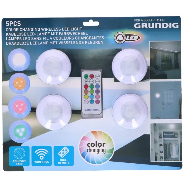 Grundig Draadloze LED Lampenset – Nachtlampje met Afstandsbediening – Zelfklevende RGB LED Tafellamp – Multikleur Nachtlamp voor Volwassenen – Werkt op Batterijen – Set van 4 Meerkleurig
