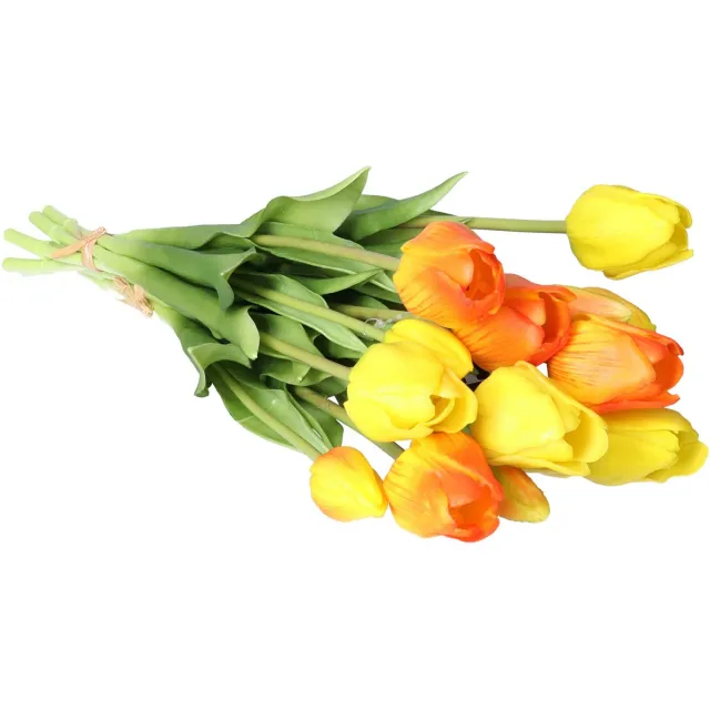 Bellatio Design Kunst tulpen boeket Sally - 7x stuks - geel/oranje - real touch - 47 cm Zalmroze
