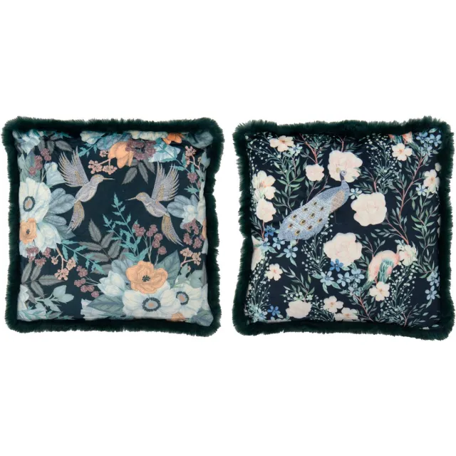 J-Line kussen Bloemen + Vogels - polyester - donkergroen - 2 stuks