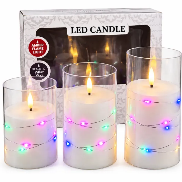 SWGOTA led kaarsen, set van 3 met gekleurde lichtsnoeren en warm vlameffect, transparante omhulsels, voor binnendecoratie, in vensterdoos, zonder batterijen Theebruin