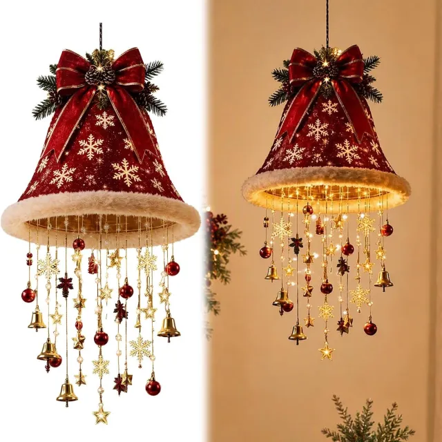 KZQ Verlichte kerstwindgong 50 cm - Rode kerstbel met strik, sneeuwvlokken, sterren en hangende belletjes - Warmwitte verlichting op 2 AA batterijen - Kersthanger voor raam, deur en woonkamer - Batterijen niet inbegrepen rood