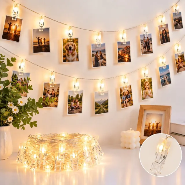 VHV LED-lichtsnoer met clips - 20 LED's met flitsfunctie, 3 meter - Warmwitte decoratieve verlichting - Geschikt voor fotografie, kransen en banners